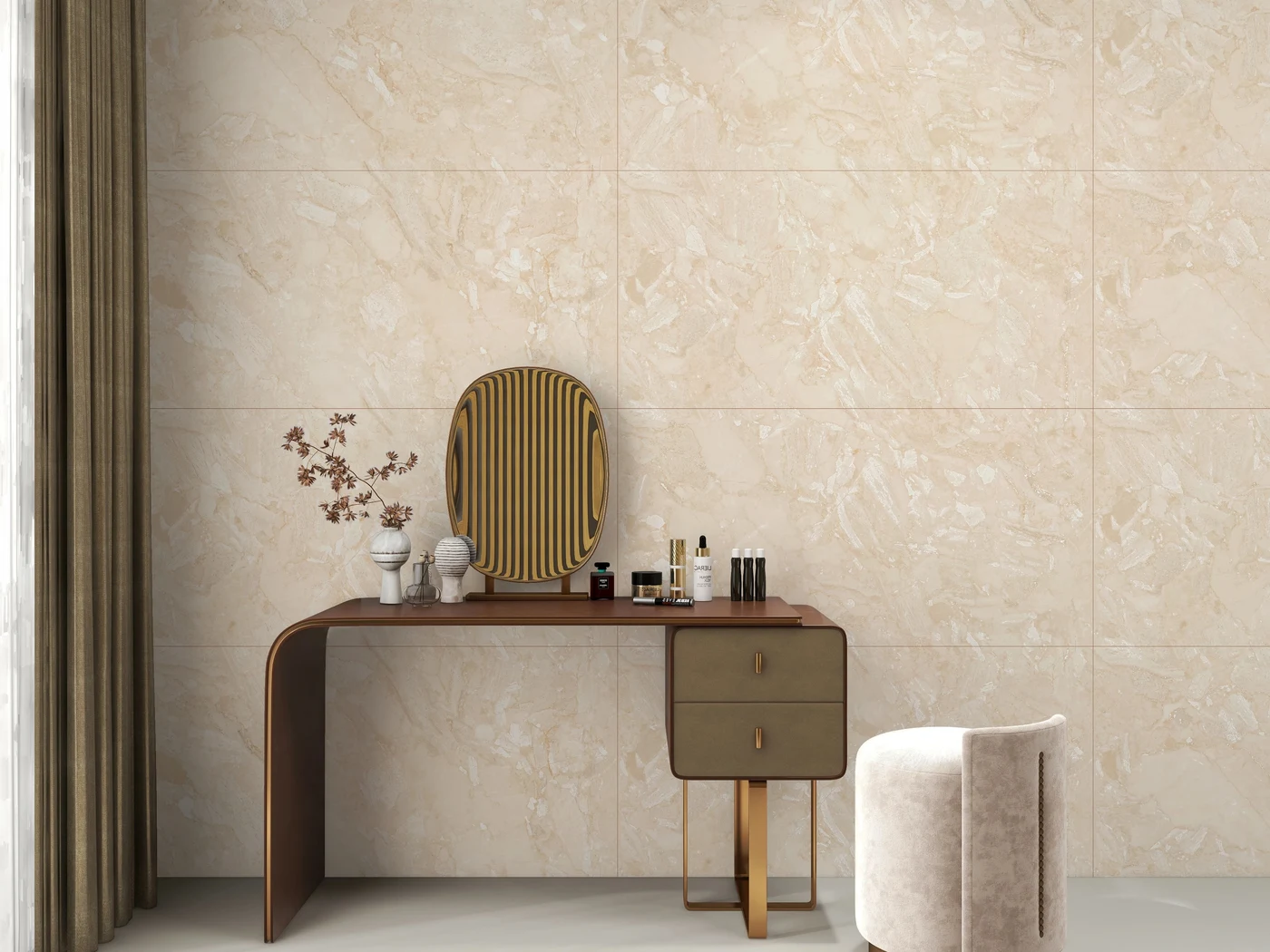 Warm marble-look wall tiles with a refined dressing table