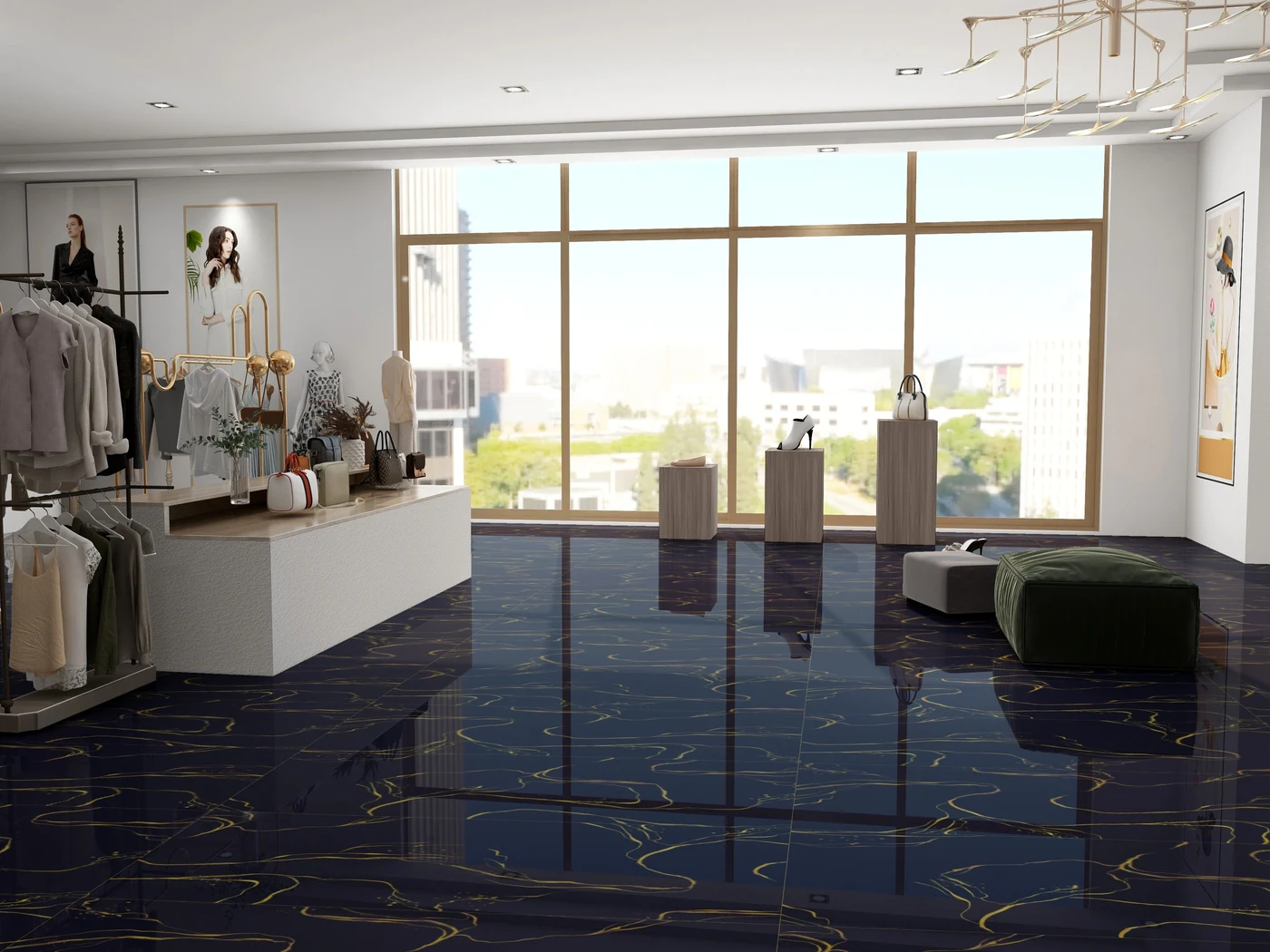 Expressive dark tile flooring